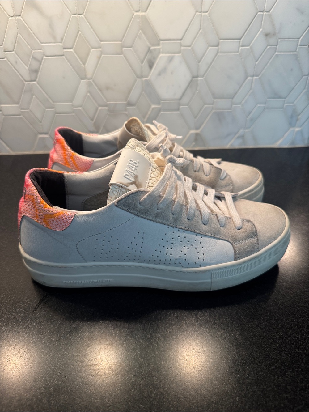 P448 White Sneakers, platform with Pink and Orange Heel, size 39